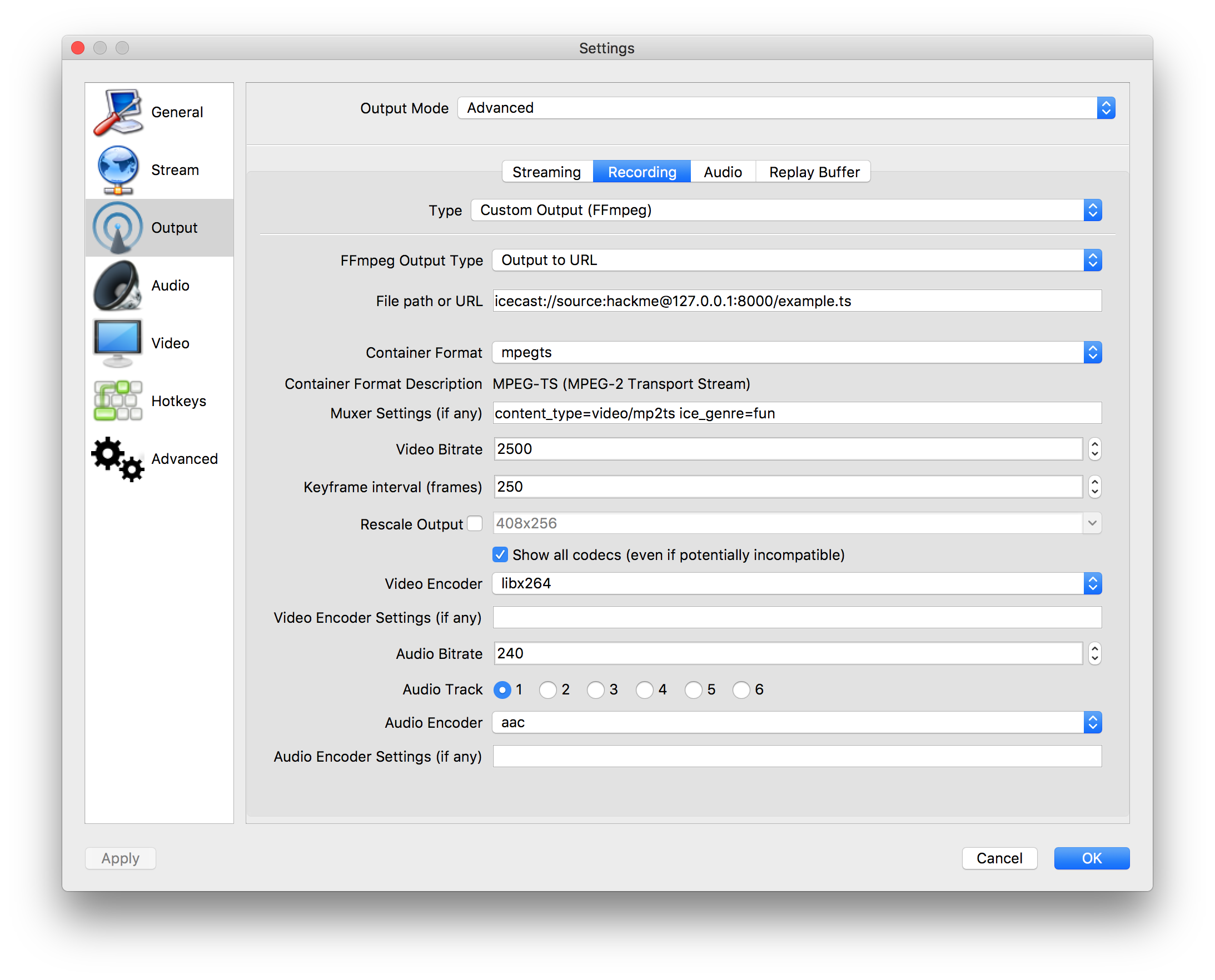 Screenshot of the OBS settings