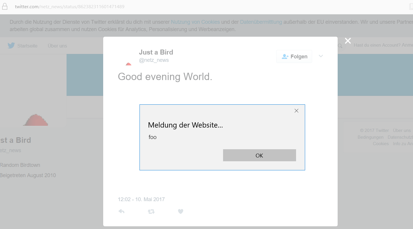 Twitter Card Stored XSS in Edge Screenshot