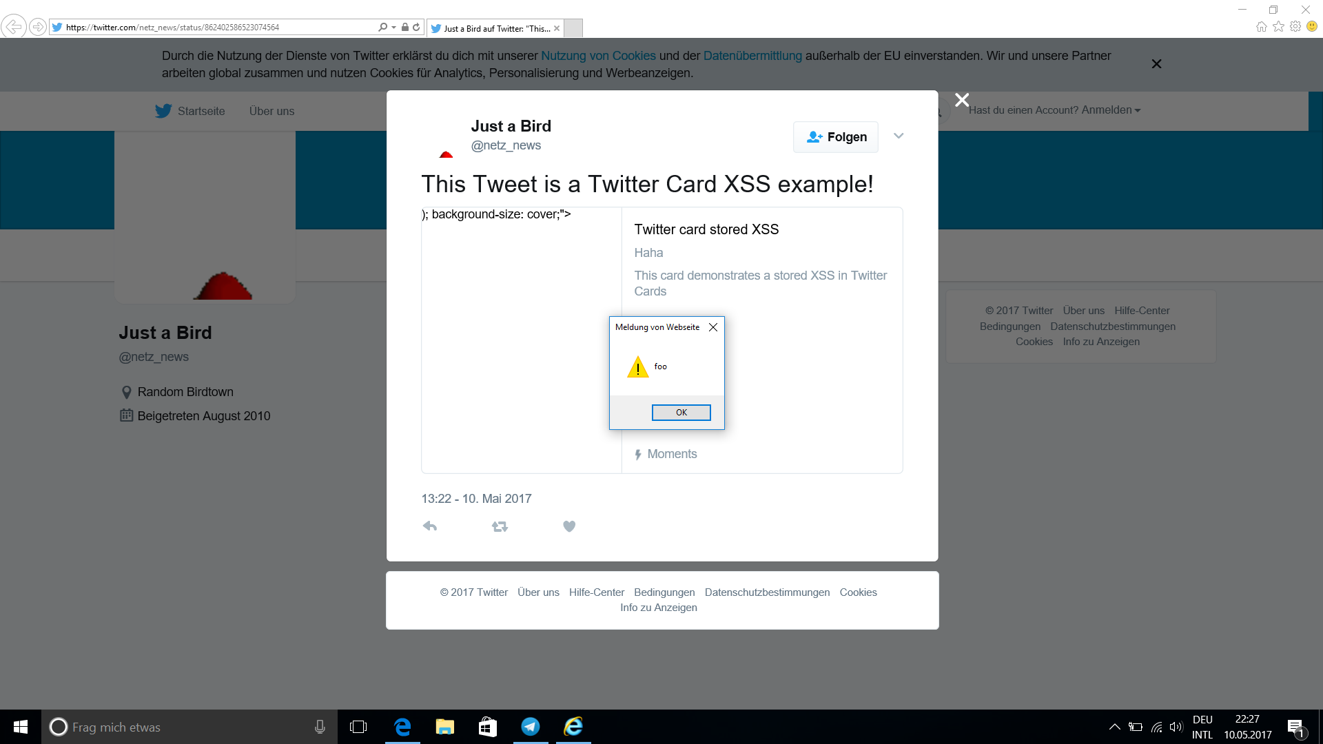 Twitter Card Stored XSS in IE11 Screenshot